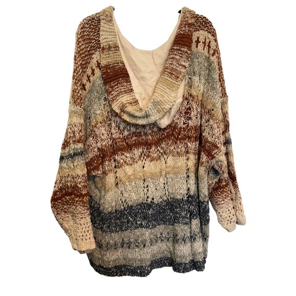 Free People Hooded Knit Sweater Womens L Multicolor Boho Textured Mixed Design - Picture 2 of 6